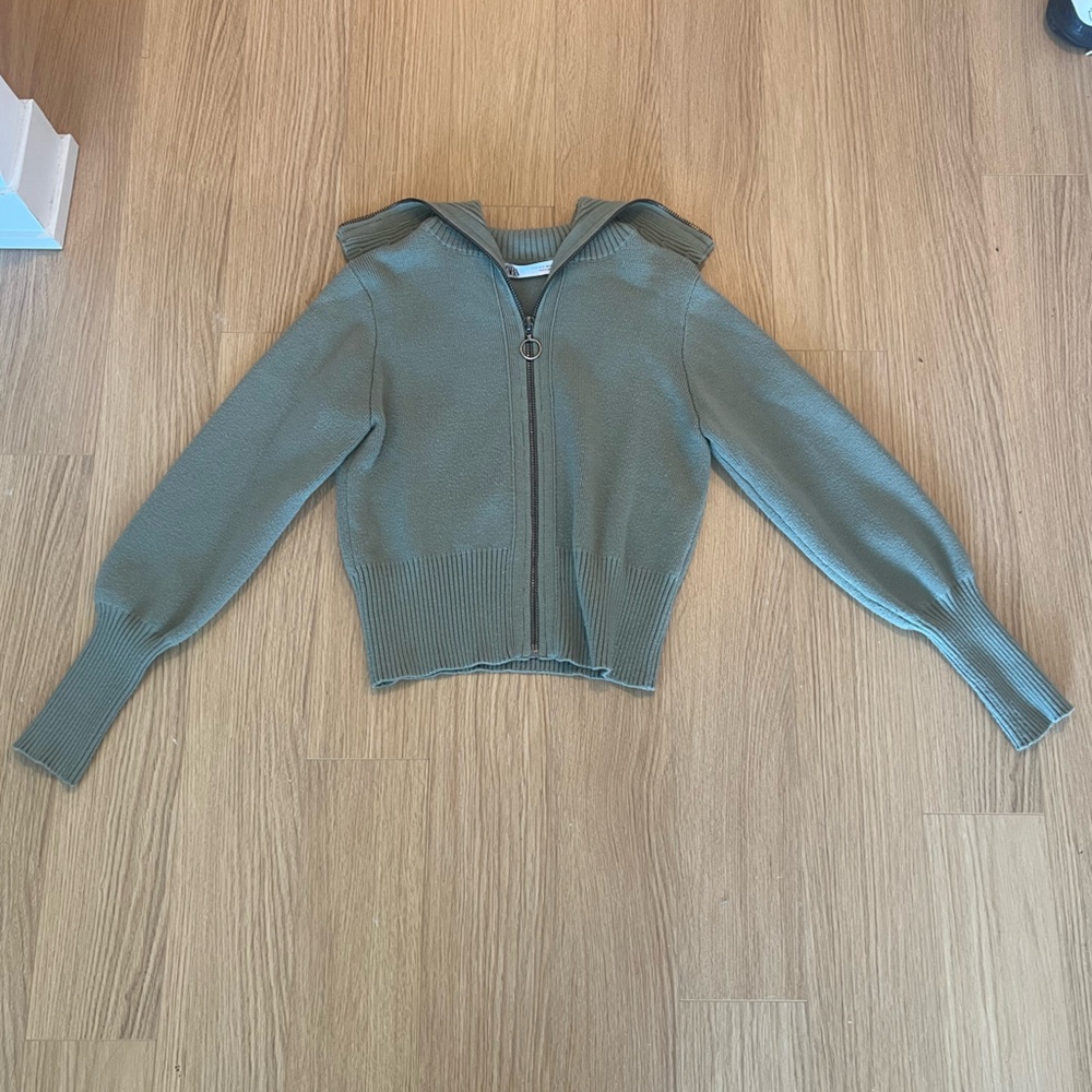 Zara Green Ribbed Zip-Up Sweater